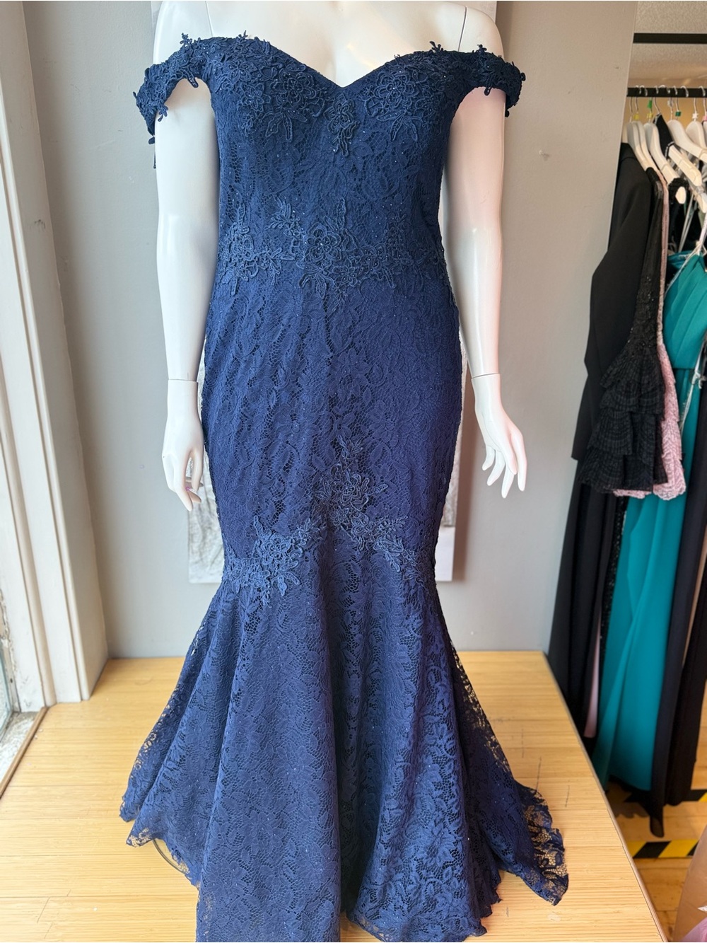 Blush Navy Off-Shoulder Lace Mermaid Gown